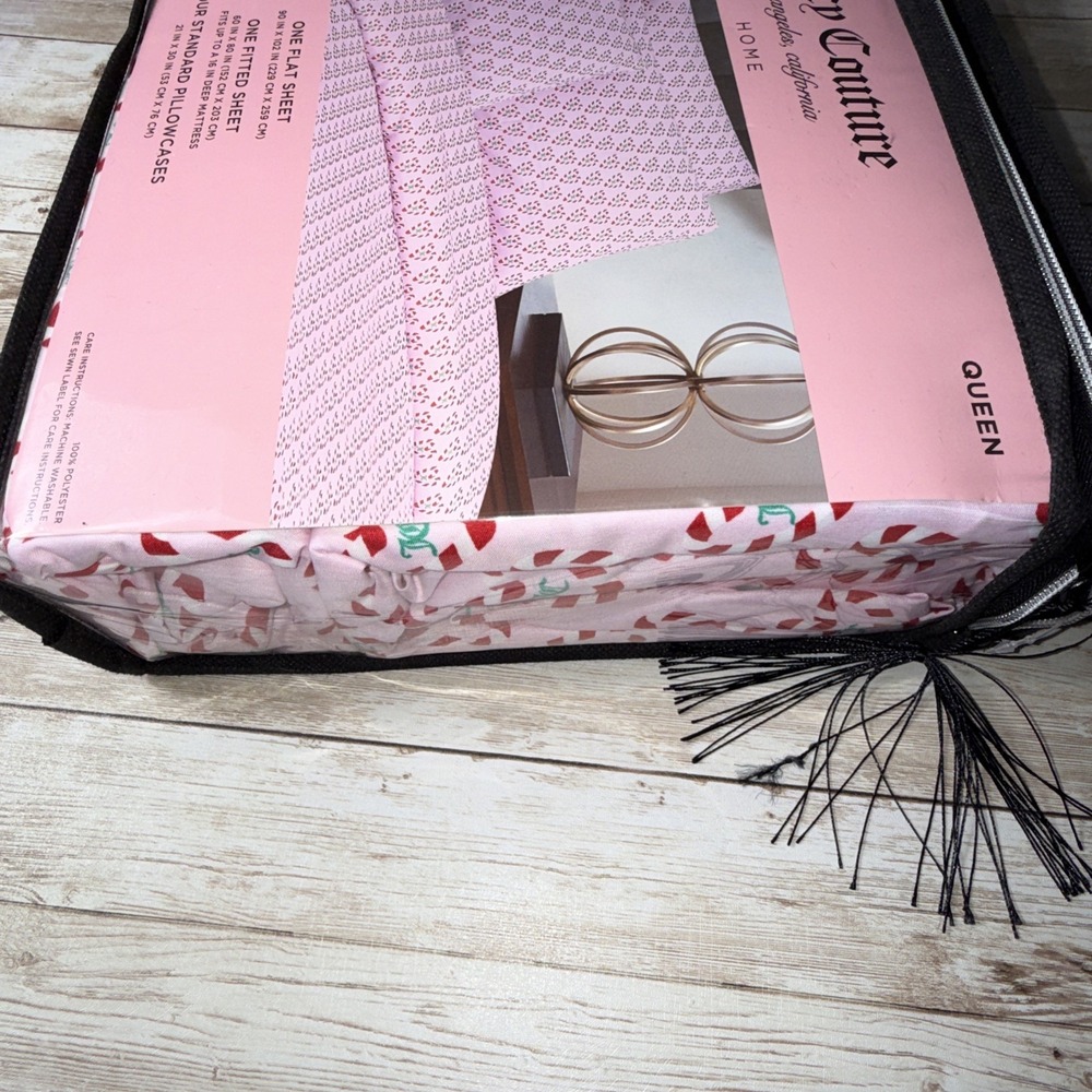 Juicy‎ Couture Queen Sheet Set Pink Candy Cane Heart Monogram 6 Piece New - Picture 8 of 8